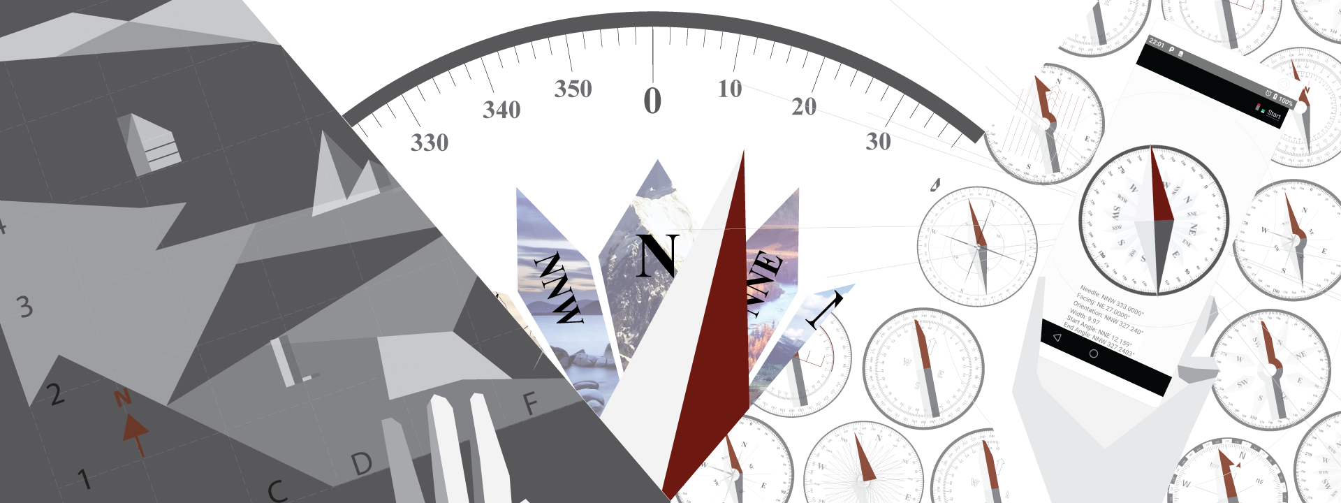 Illustration of part of a compass with natural lanscapes;
                          lakes, moutains and trees
                          masking the cardinal points NNW, N and NNE. Far right half of the image shows a 
                          gripped smartphone runnning the ICompass application.