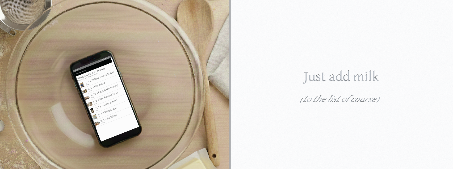 Illustration of a smartphone in a glass mixing bowl displaying IMakeShoppingLists with a shopping list for baking a cake. Various baking accessories are on the table top.