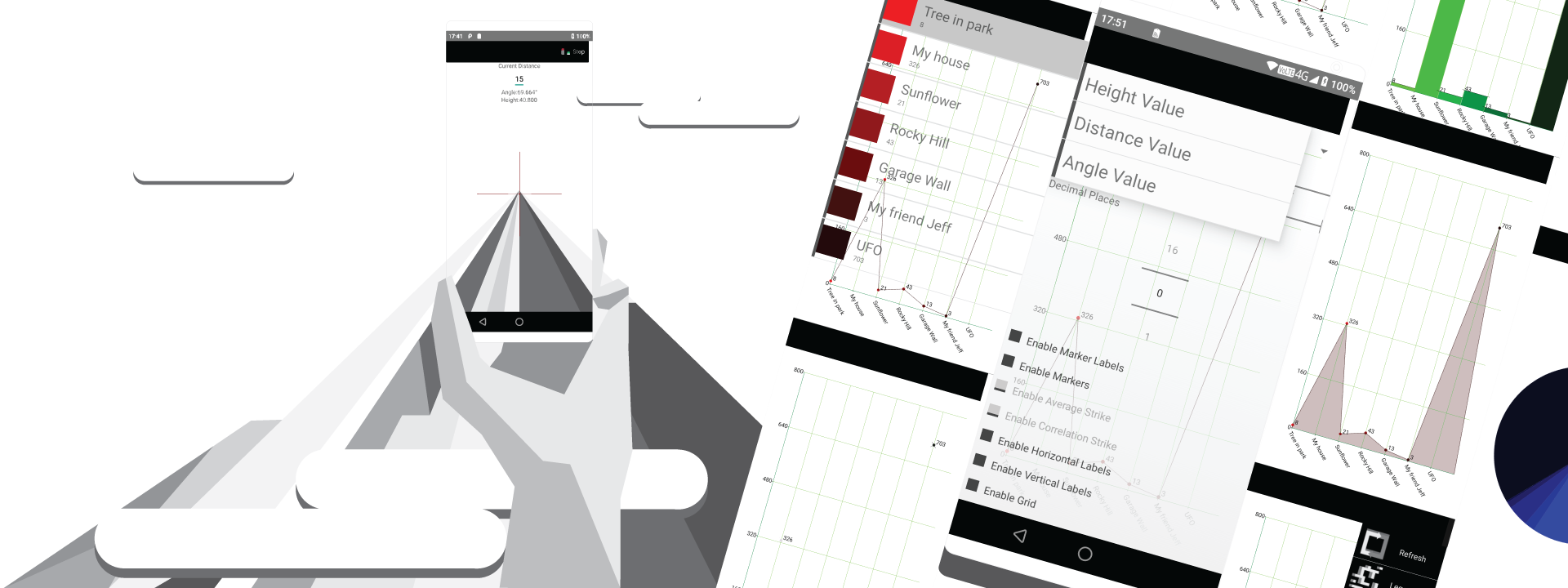 Illustration of a gripped smartphone showing running the IMeasureHeight 
                                app with a mountain and clouds in view. Right half of the image showing 
                                different graphs that can be accessed in the app.