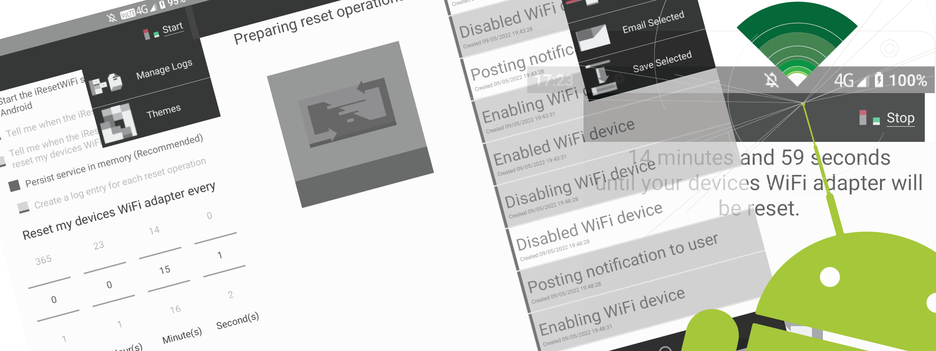 Illustration of the 3 horizontal strokes used to represent
                         a WiFi signal and a screenshot of the IResetWiFi app running.