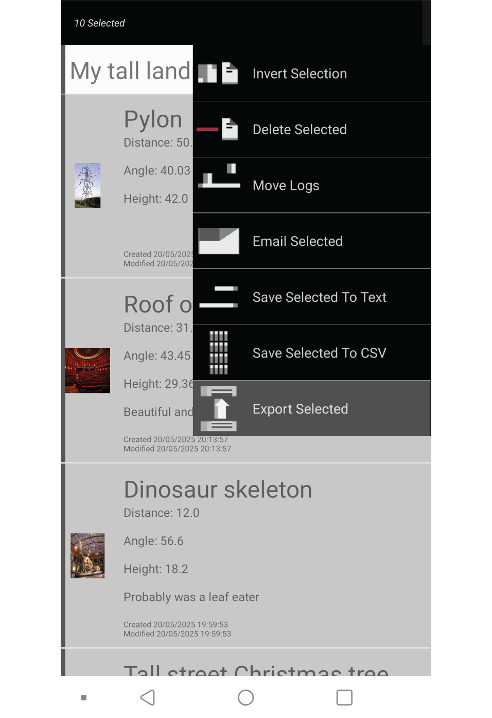 Screenshot showing menu expanded with the export selected menu item highlighted.