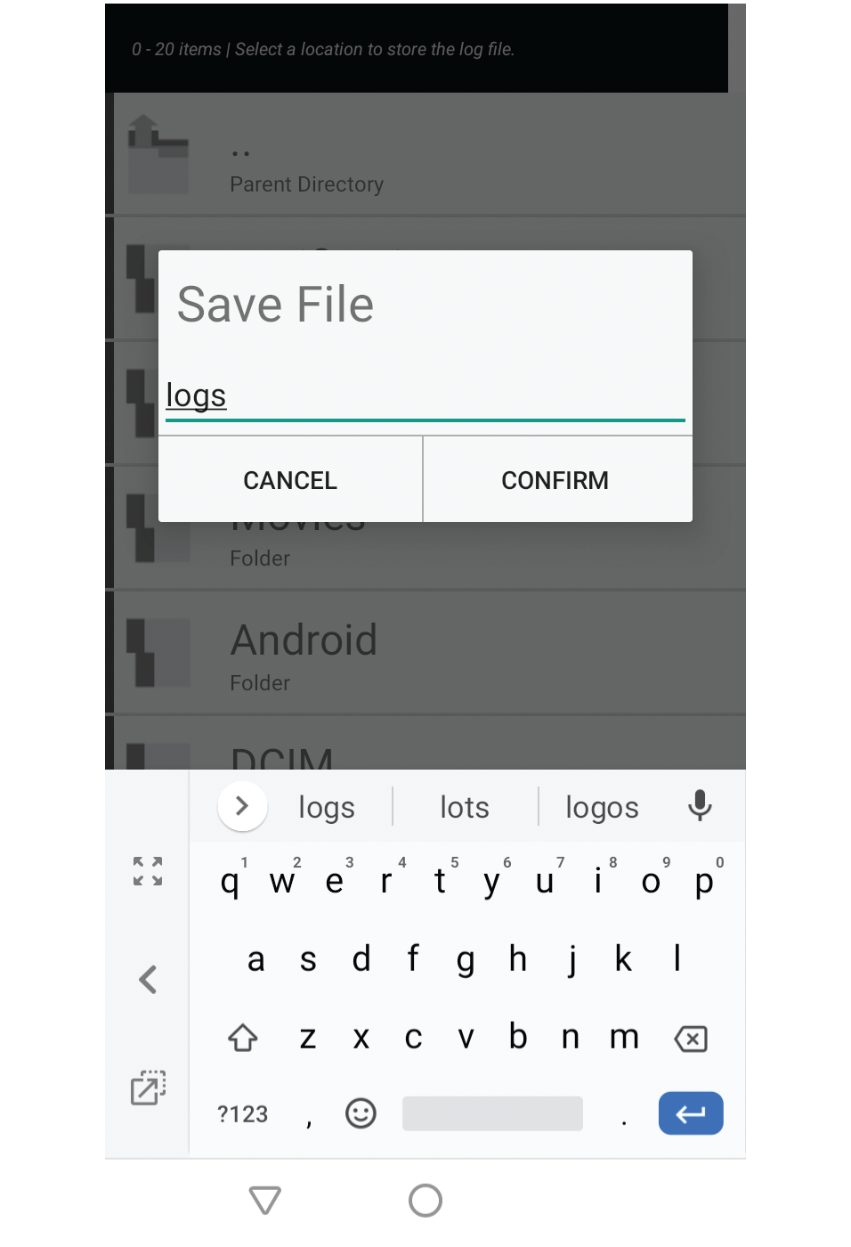 Screenshot showing file name input dialog with the example filename 'logs'.