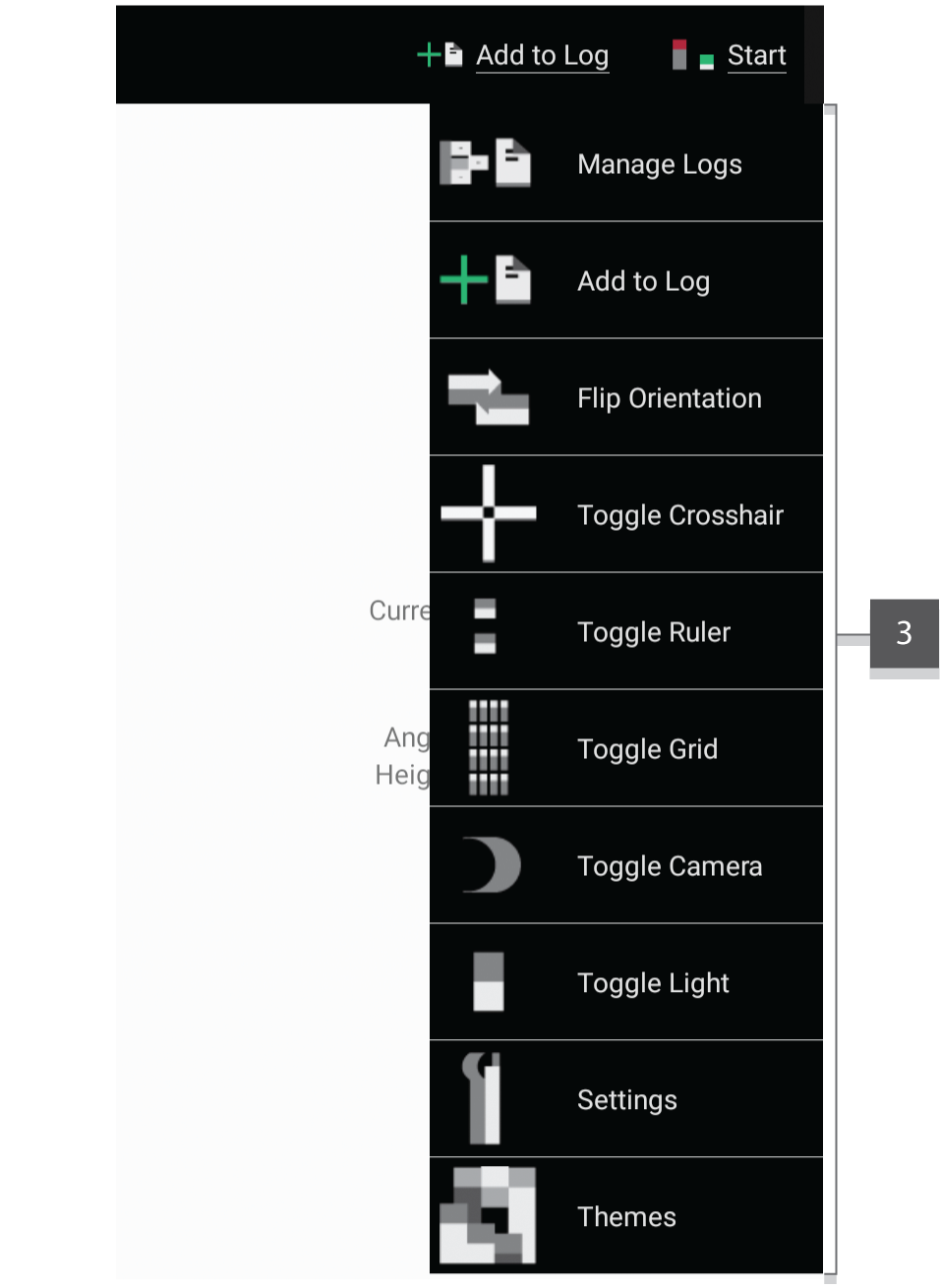 Screenshot showing the main activity of IMeasureHeight with a numeric annotation of the menu.