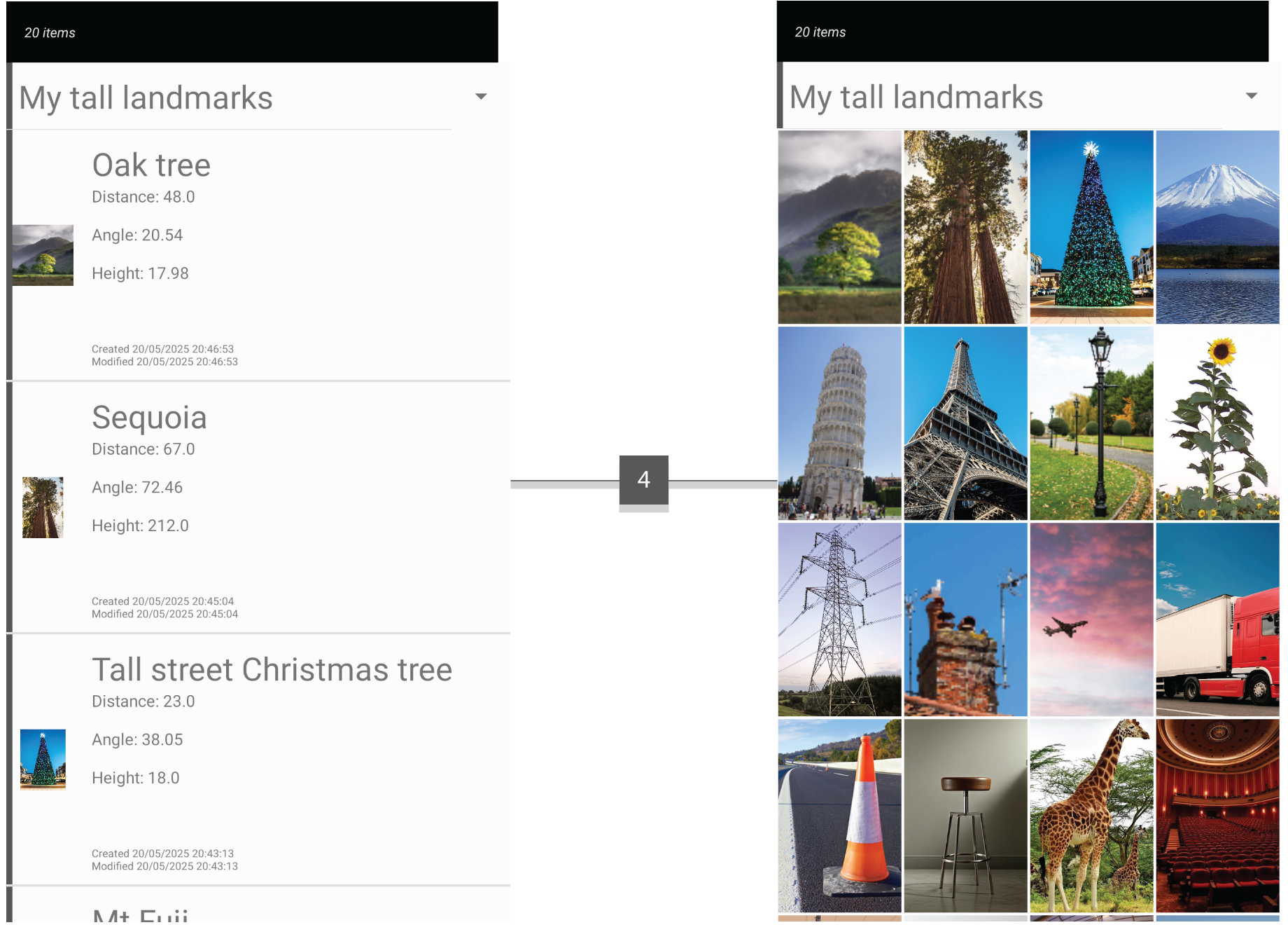 Screenshot showing the log activity of IMeasureHeight with a numeric annotation of a linear styled list on the left and a grid styled list on the right, both also feature a collapsed list.
