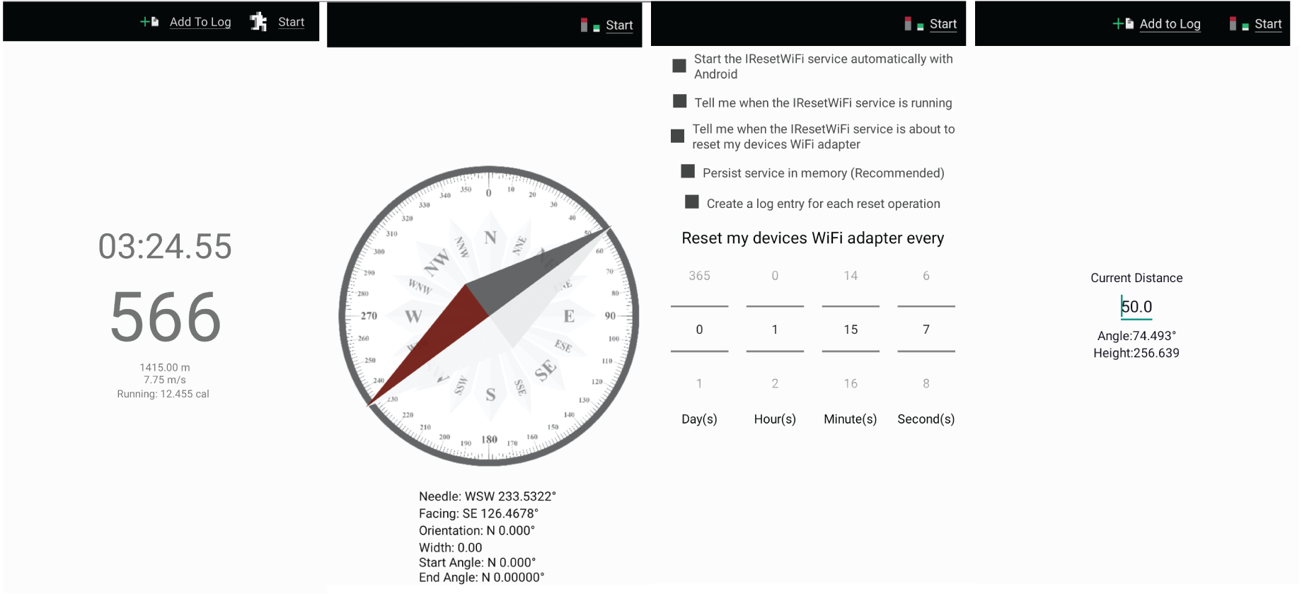 Screenshot showing the the main activities of ICountSteps, ICompass, IResetWiFi and IMeasureHeight.